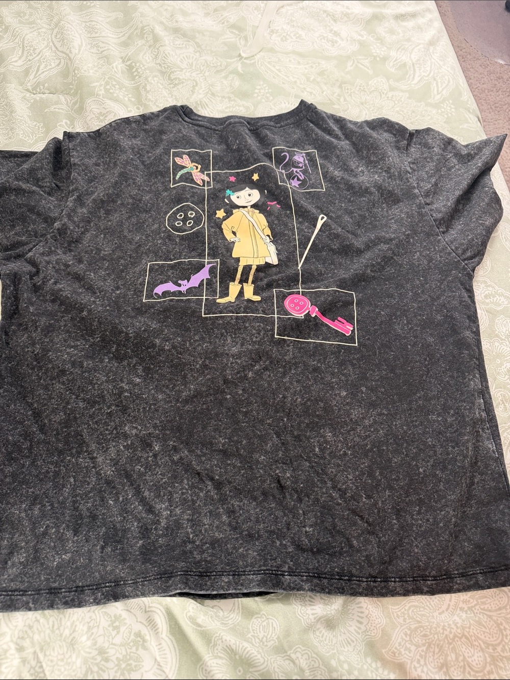 Disney Black Tee with Yellow Raincoat Character and Pink & Purple Accents